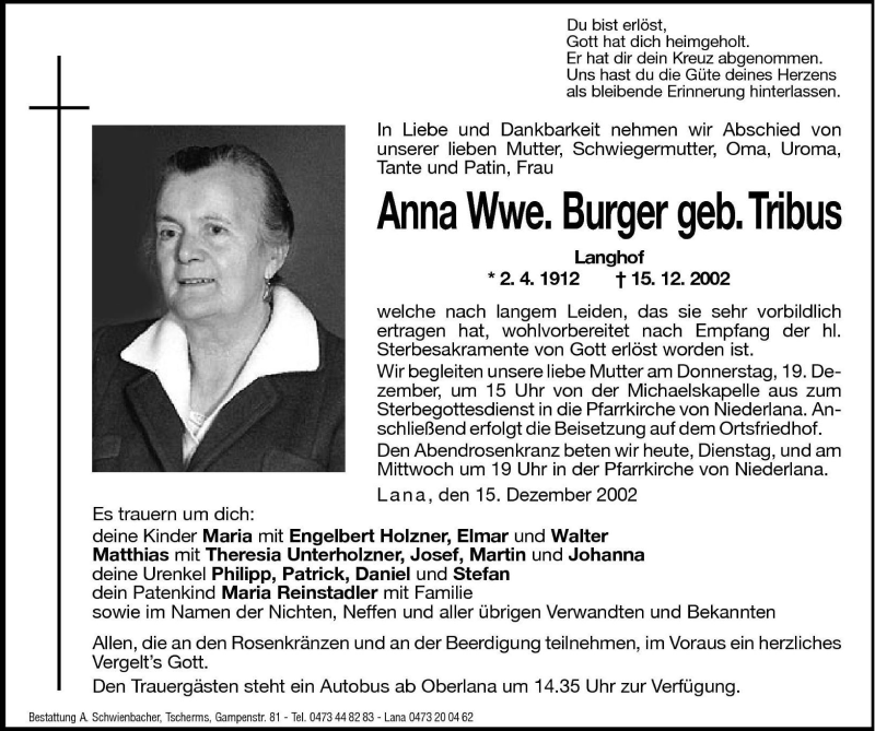  Traueranzeige für Anna Burger vom 17.12.2002 aus Dolomiten