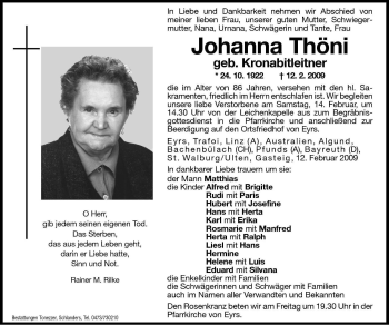 Traueranzeige von Johanna Thöni von Dolomiten