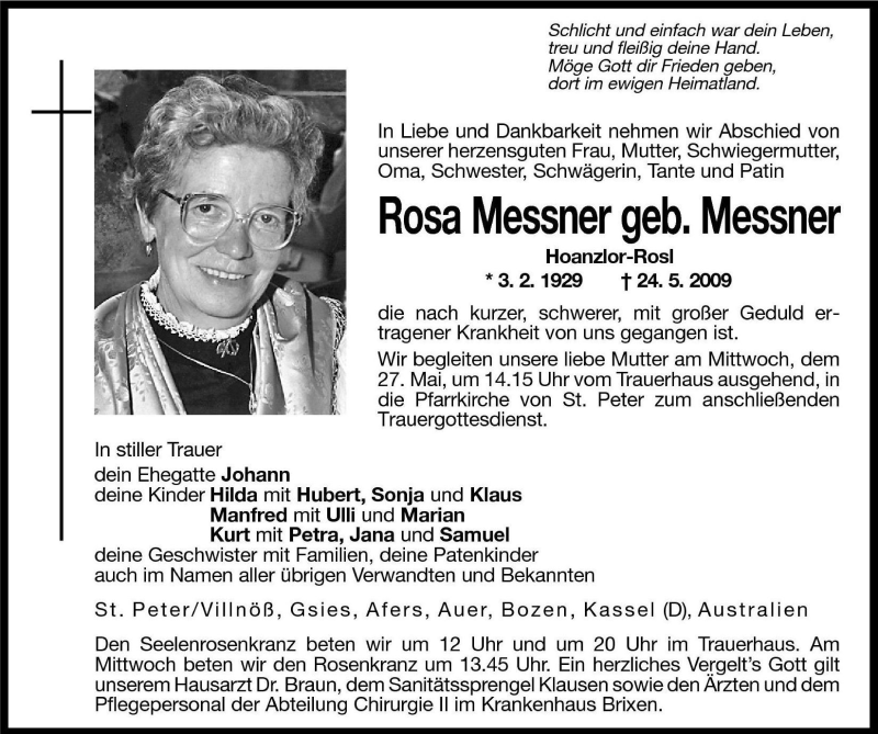  Traueranzeige für Rosa Messner vom 26.05.2009 aus Dolomiten