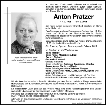 Traueranzeige von Anton Pratzer von Dolomiten