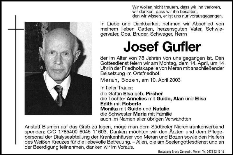  Traueranzeige für Josef Gufler vom 12.04.2003 aus Dolomiten