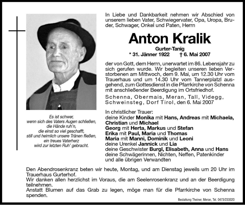  Traueranzeige für Anton Kralik vom 07.05.2007 aus Dolomiten