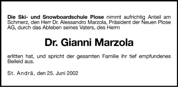 Traueranzeige von Gianni Marzola von Dolomiten