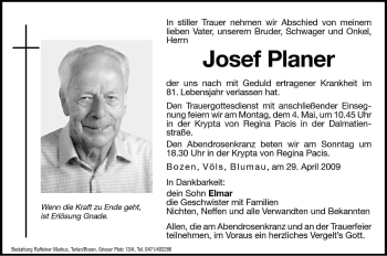 Traueranzeige von Josef Planer von Dolomiten