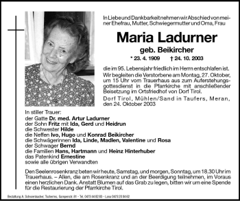 Traueranzeige von Maria Beikircher von Dolomiten