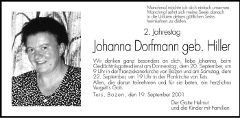 Traueranzeige von Johanna Dorfmann von Dolomiten