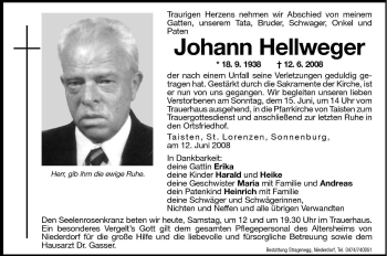 Traueranzeige von Johann Hellweger von Dolomiten