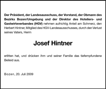 Traueranzeige von Josef Hintner von Dolomiten