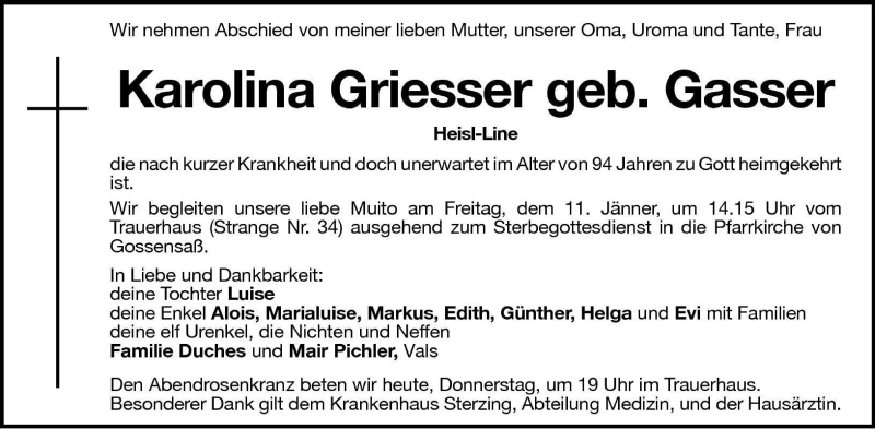  Traueranzeige für Karolina Griesser vom 10.01.2008 aus Dolomiten