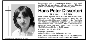 Traueranzeige von Hans Peter Dissertori von Dolomiten