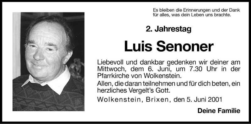  Traueranzeige für Luis Senoner vom 05.06.2001 aus Dolomiten
