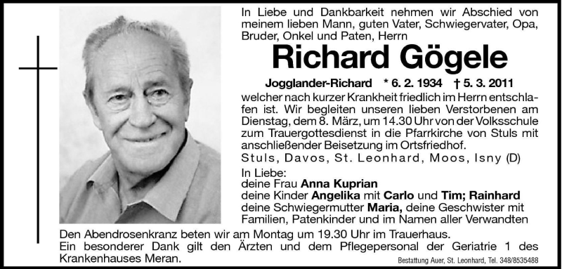  Traueranzeige für Richard Gögele vom 07.03.2011 aus Dolomiten