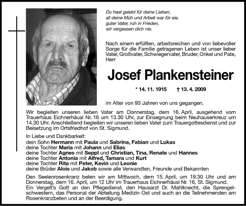  Traueranzeige für Josef Plankensteiner vom 15.04.2009 aus Dolomiten