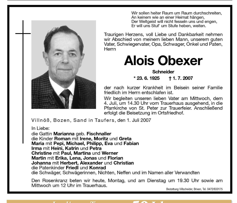  Traueranzeige für Alois Obexer vom 02.07.2007 aus Dolomiten