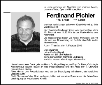 Traueranzeige von Ferdinand Pichler von Dolomiten