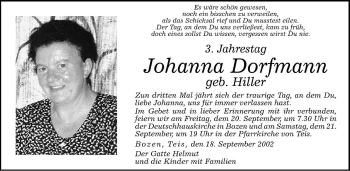 Traueranzeige von Johanna Dorfmann von Dolomiten
