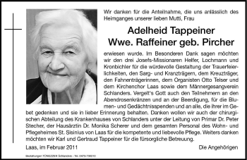 Traueranzeige von Adelheid Raffeiner von Dolomiten