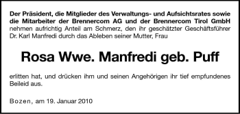 Traueranzeige von Rosa Manfredi von Dolomiten
