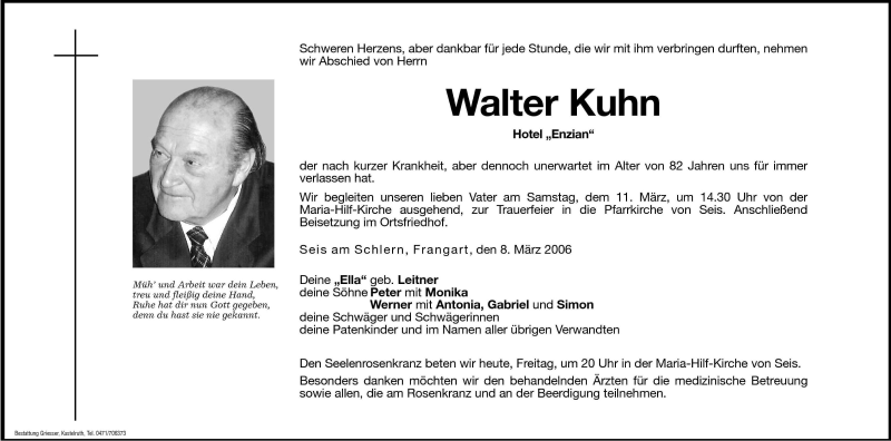  Traueranzeige für Walter Kuhn vom 10.03.2006 aus Dolomiten