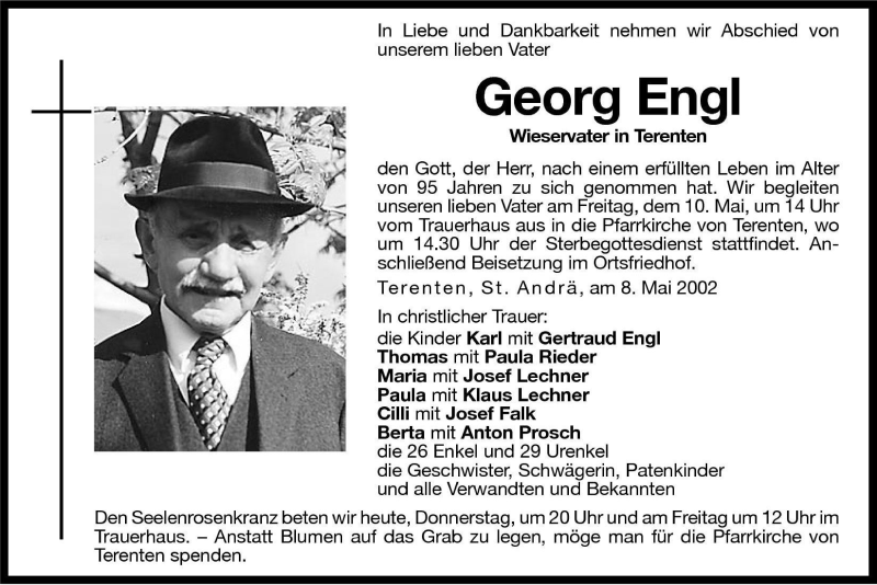 Traueranzeige für Georg Engl vom 09.05.2002 aus Dolomiten