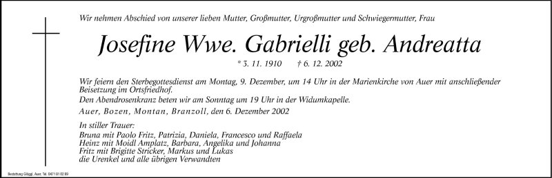  Traueranzeige für Josefine Gabrielli vom 07.12.2002 aus Dolomiten