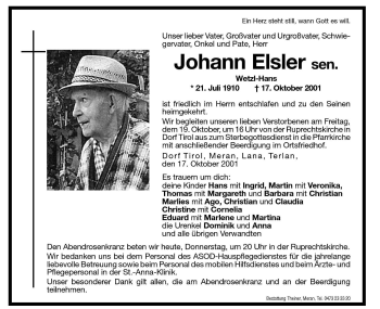 Traueranzeige von Johann Elsler von Dolomiten