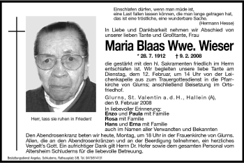 Traueranzeige von Maria Wieser von Dolomiten