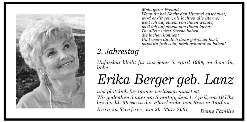  Traueranzeige für Erika Berger vom 30.03.2001 aus Dolomiten