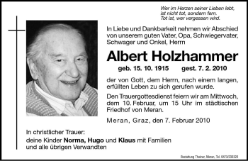 Traueranzeige von Albert Holzhammer von Dolomiten