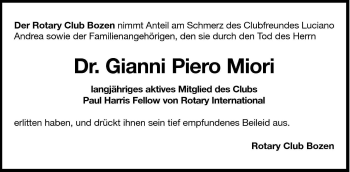 Traueranzeige von Gianni Piero Miori von Dolomiten