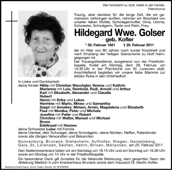 Traueranzeige von Hildegard Golser von Dolomiten