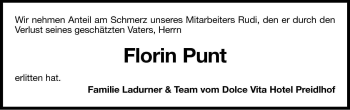 Traueranzeige von Florin Punt von Dolomiten
