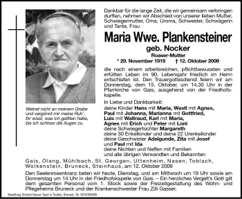 Traueranzeige von Maria Plankensteiner von Dolomiten