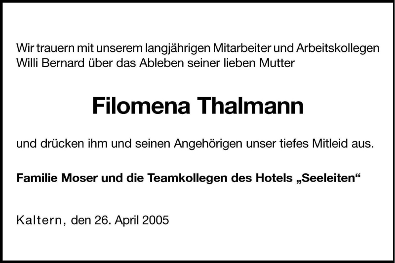 Traueranzeige für Filomena Thalmann vom 27.04.2005 aus Dolomiten