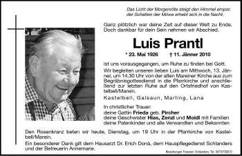 Traueranzeige von Luis Prantl von Dolomiten