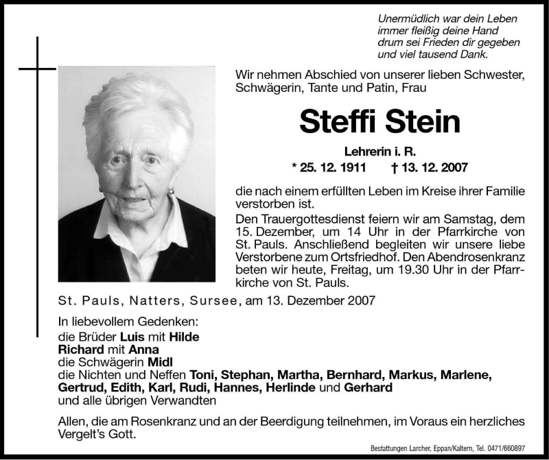 Traueranzeigen von Steffi Stein | Trauer.bz