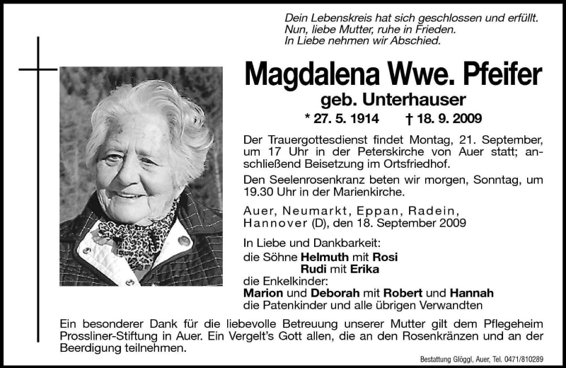  Traueranzeige für Magdalena Pfeifer vom 19.09.2009 aus Dolomiten