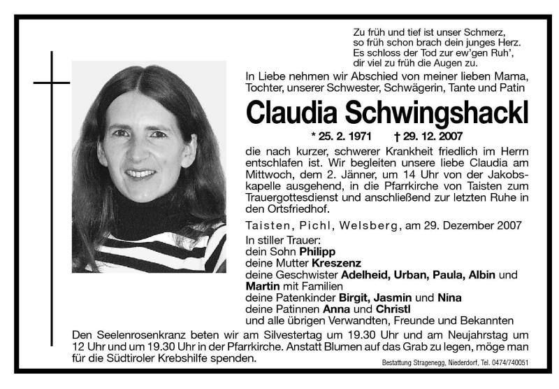  Traueranzeige für Claudia Schwingschackl vom 31.12.2007 aus Dolomiten