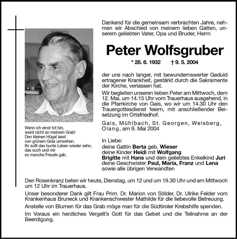  Traueranzeige für Peter Wolfsgruber vom 11.05.2004 aus Dolomiten