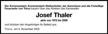 Traueranzeige von Josef Thaler von Dolomiten