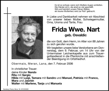 Traueranzeige von Frida Nart von Dolomiten