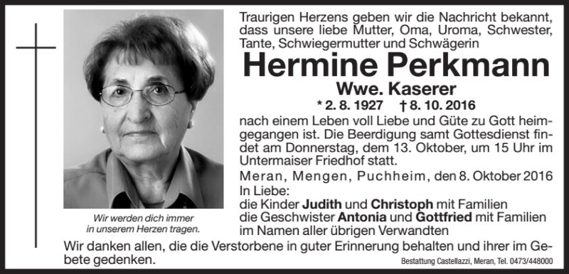  Traueranzeige für Hermine Kaserer vom 11.10.2016 aus Dolomiten