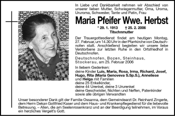 Traueranzeige von Maria Herbst von Dolomiten