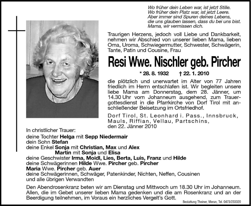  Traueranzeige für Resi Nischler vom 26.01.2010 aus Dolomiten