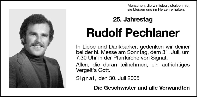  Traueranzeige für Rudolf Pechlaner vom 29.07.2005 aus Dolomiten