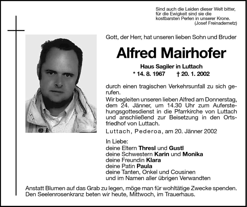  Traueranzeige für Alfred Mairhofer vom 23.01.2002 aus Dolomiten