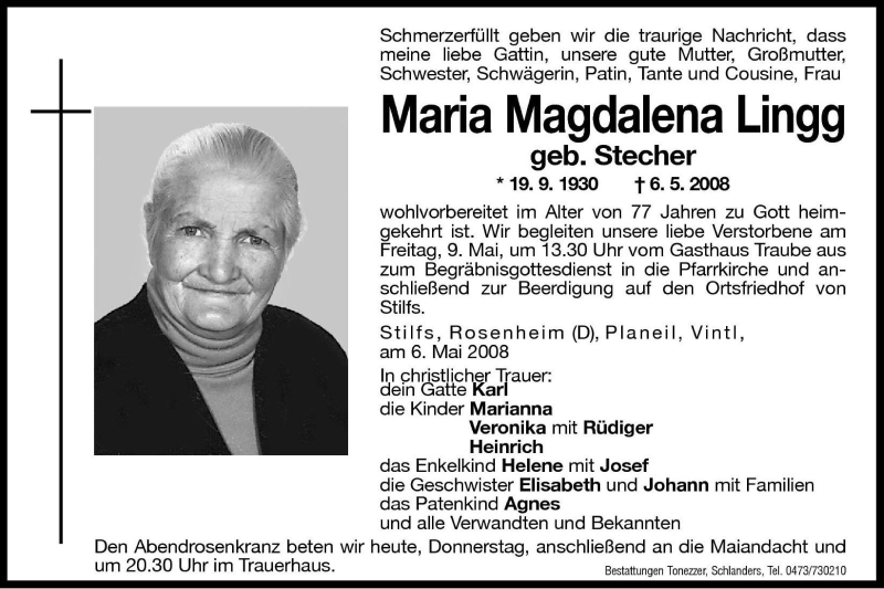  Traueranzeige für Maria Magdalena Lingg vom 08.05.2008 aus Dolomiten
