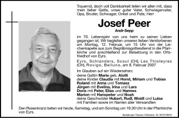 Traueranzeige von Josef Peer von Dolomiten