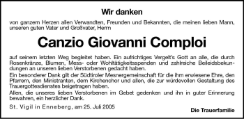 Traueranzeige von Canzio Giovanni Comploi von Dolomiten