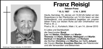 Traueranzeige von Franz Reisigl von Dolomiten